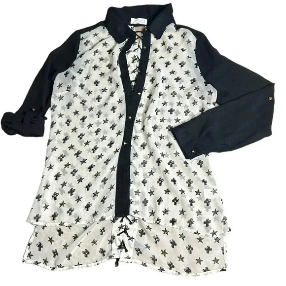 Sheer lace up blouse,cross,star,multi media,hi lo,indie sleeze,Whimsigoth,goth - Picture 8 of 12